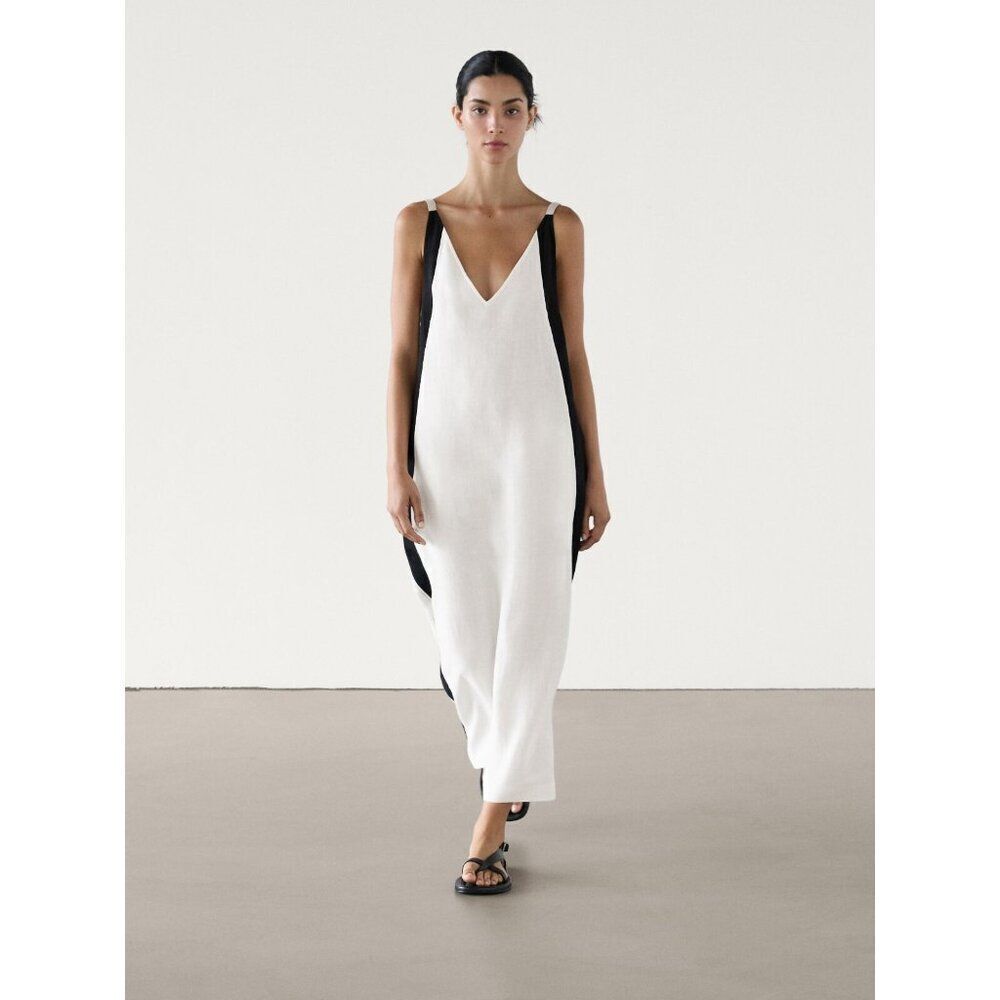 Massimo Dutti White and Black V‑Neck Midi Dress